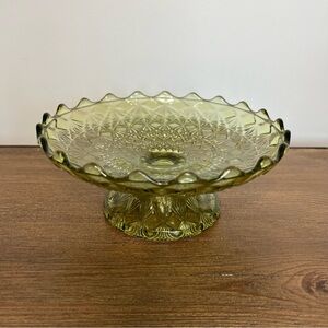 FENTON Vintage Fine Cut & Block Green Round Pedestal Glass Dish